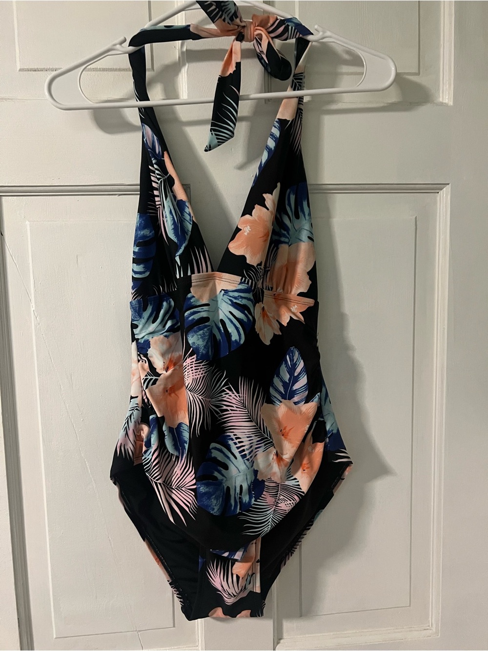 DKNY Black One-Piece Swimsuit with Blue and Peach Tropical Print